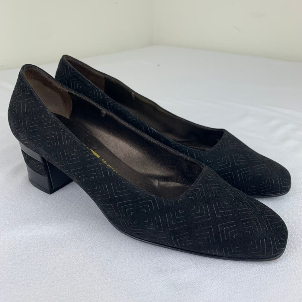 Salvatore Ferragamo vintage black suede fabric leather block heels size 9 9B